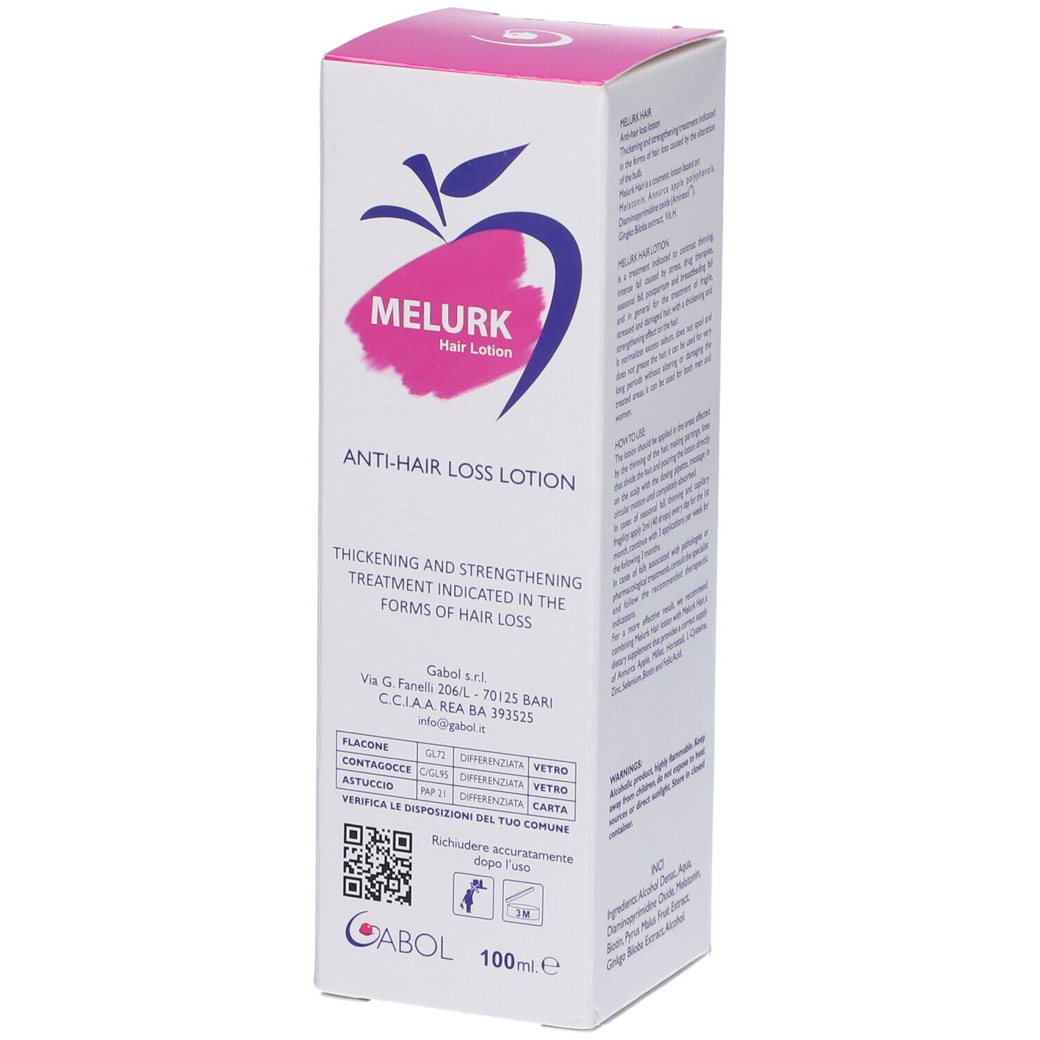 Scatola bianca con logo Melurk Hair Lozione. Testo: Anti-Hair Loss Lotion. Testo in italiano.