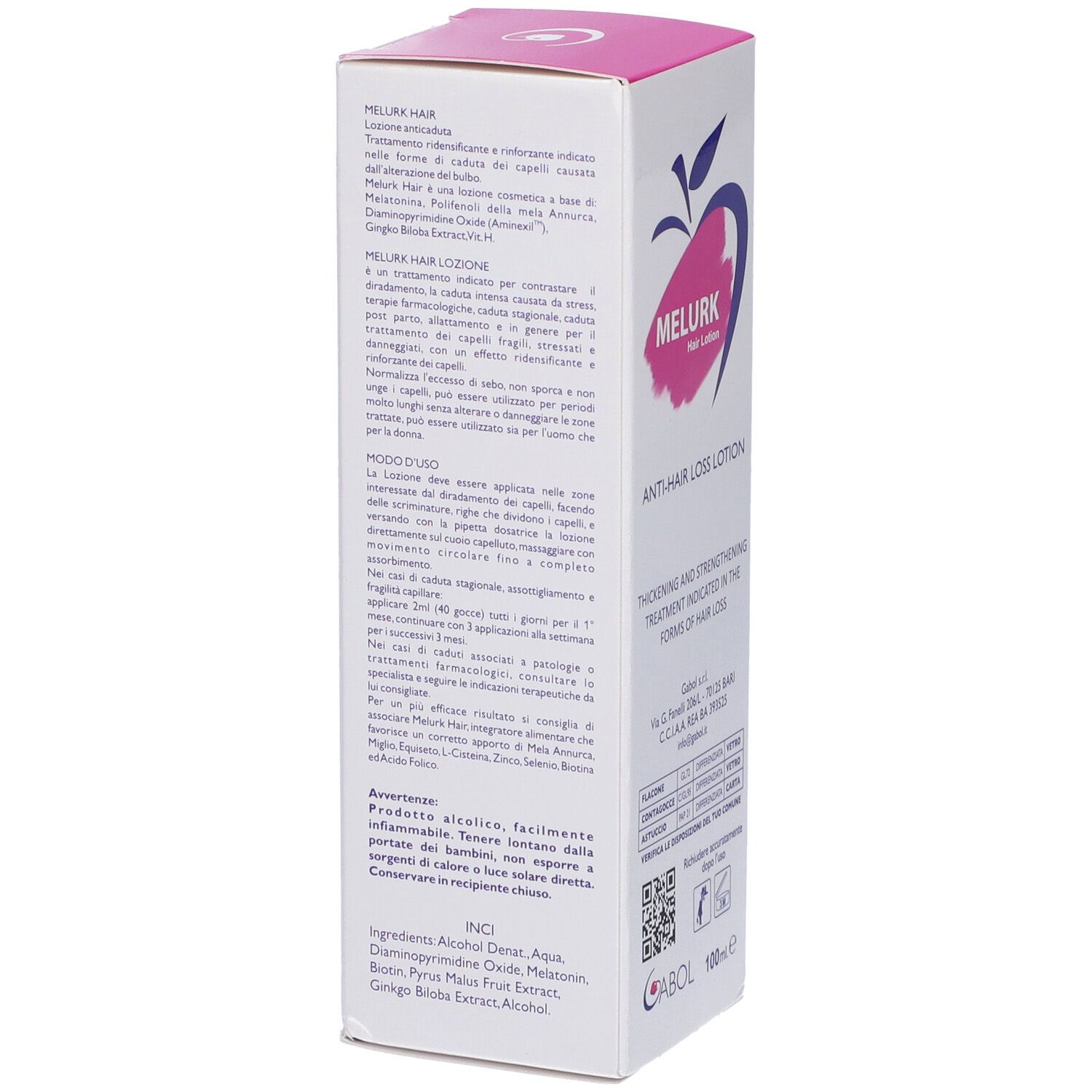 Scatola bianca con logo Melurk Hair Lozione. Testo: Anti-Hair Loss Lotion. Testo in italiano.