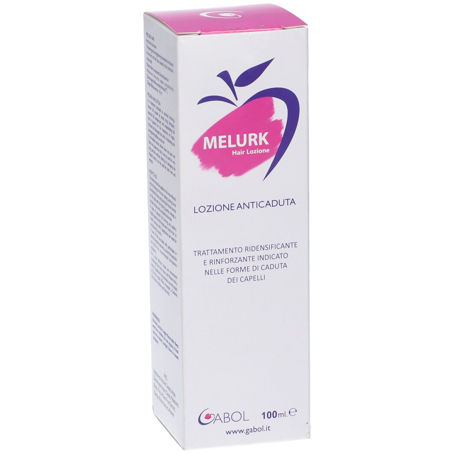 Scatola bianca con logo Melurk Hair Lozione. Testo: Lozione Anticaduta. Testo in italiano.