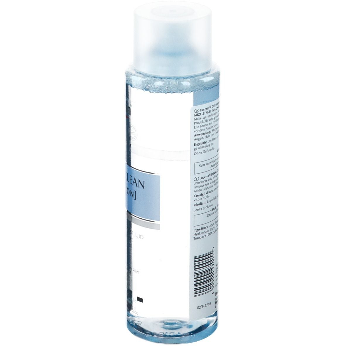 Eucerin DermatoCLEAN [HYALURON] Acqua Micellare 3 in 1. Bottiglia, vista laterale. Etichetta con testo e codice a barre. Liquido trasparente visibile.