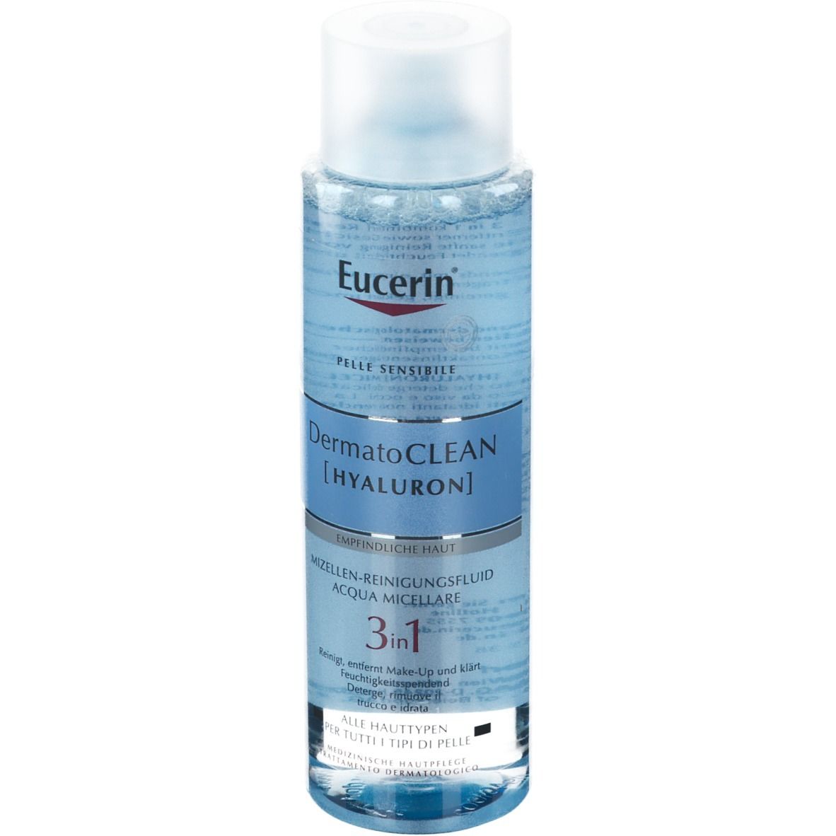 Eucerin DermatoCLEAN [HYALURON] Acqua Micellare 3 in 1. Bottiglia con etichetta blu. Testo: Eucerin, PELLE SENSIBILE, fluido detergente micellare, 3 in 1.