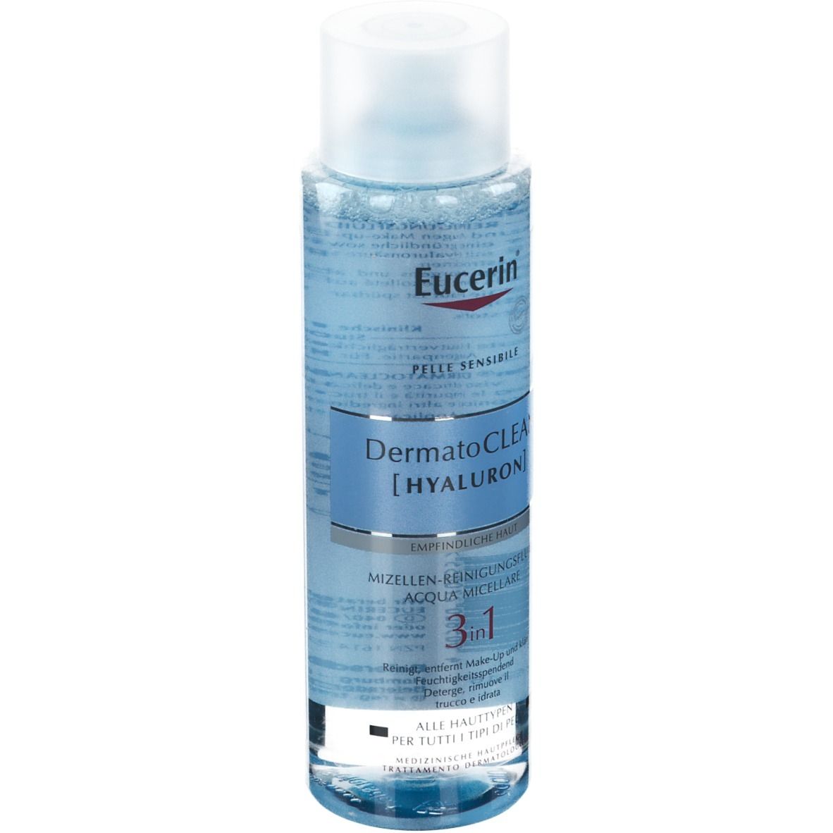 Eucerin DermatoCLEAN [HYALURON] Acqua Micellare 3 in 1. Bottiglia con etichetta blu. Testo: Eucerin, PELLE SENSIBILE, fluido detergente micellare, 3 in 1.