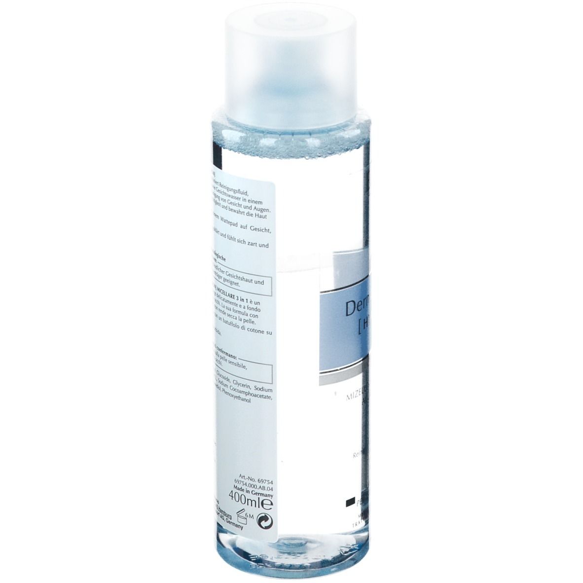 Eucerin DermatoCLEAN [HYALURON] Acqua Micellare 3 in 1. Bottiglia, vista laterale. Etichetta con testo. 400ml. Liquido trasparente visibile.