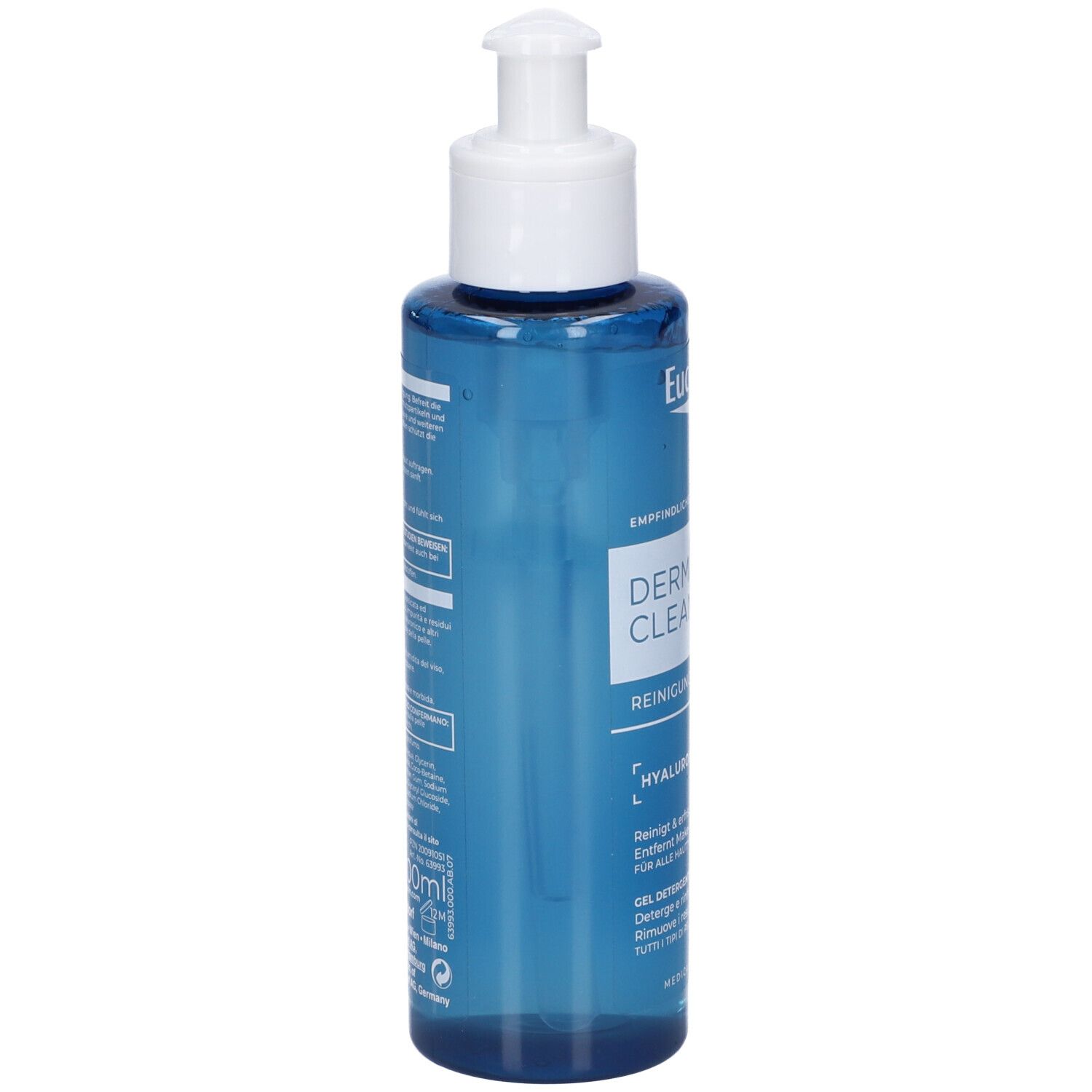 Retro del flacone con pompa di gel detergente Eucerin DermatoClean con informazioni sul prodotto.