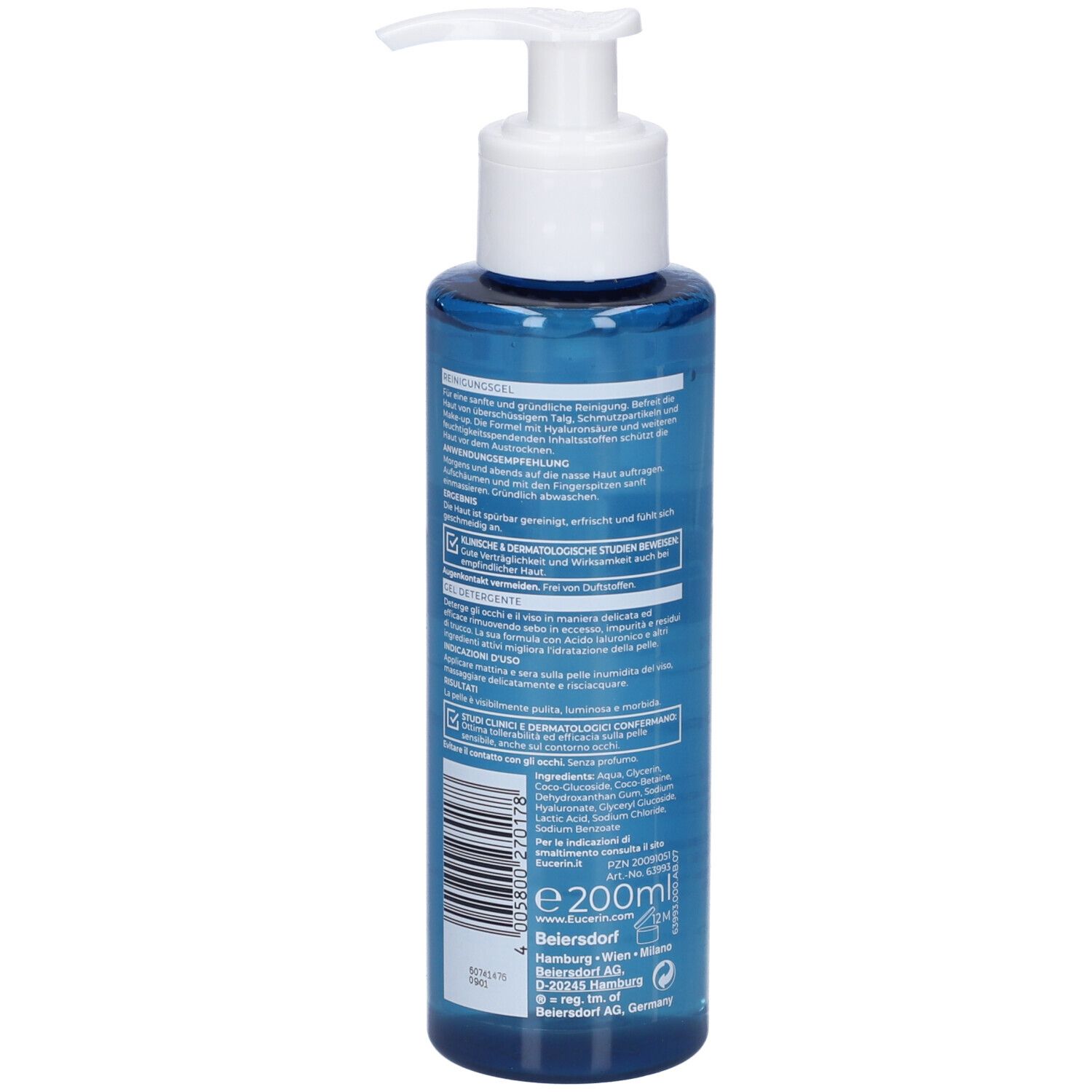Retro del flacone con pompa Eucerin DermatoClean, mostra 200ml e codice a barre.