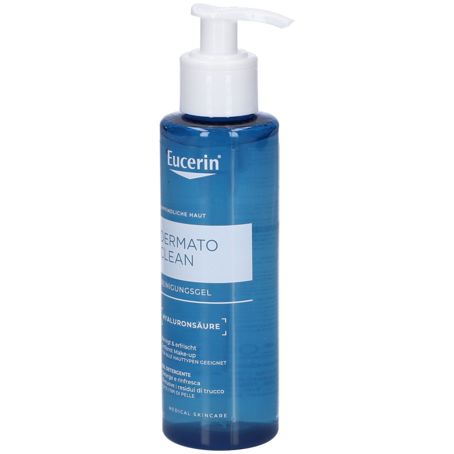 Gel detergente Eucerin DermatoClean con acido ialuronico in flacone con pompa blu.