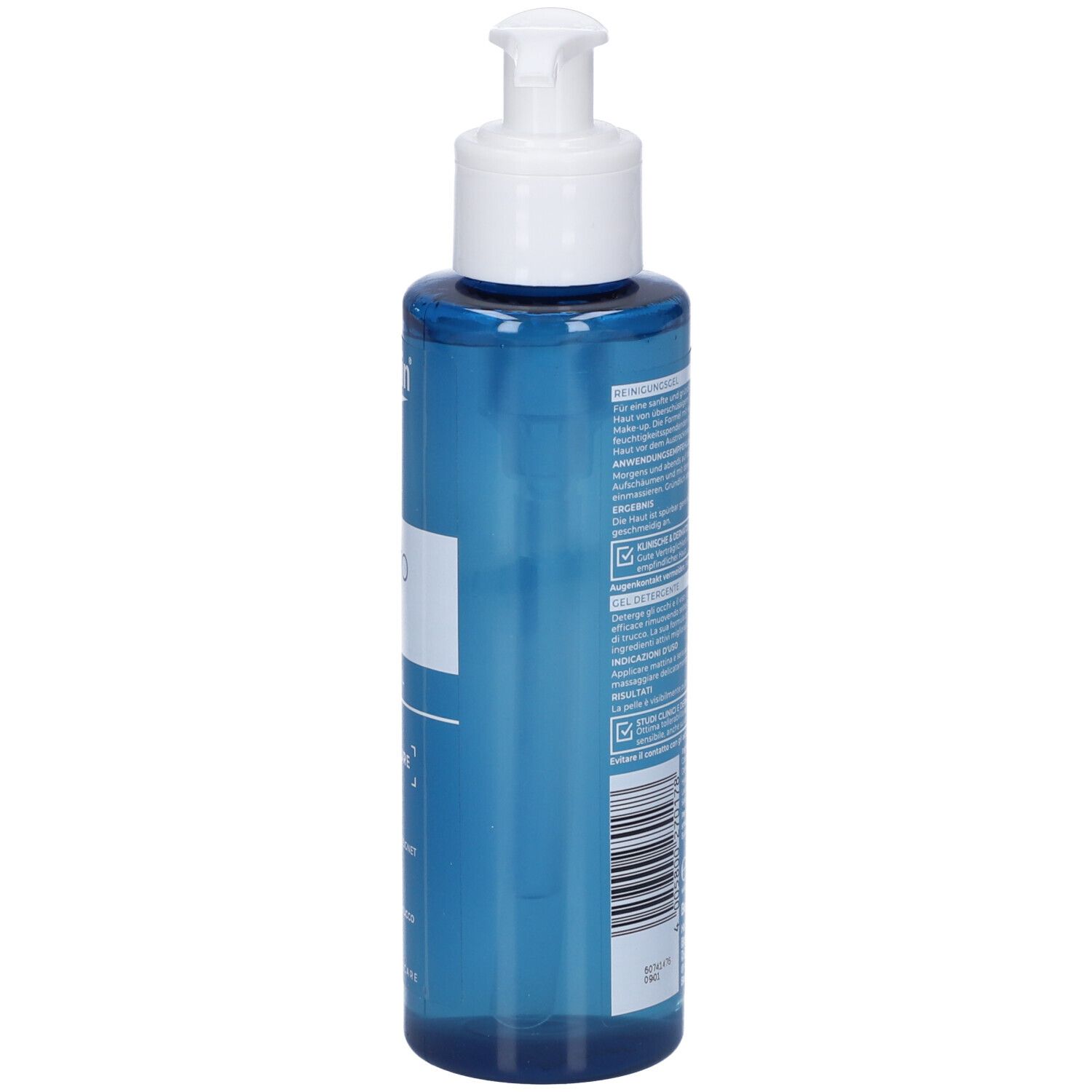 Retro del flacone con pompa di gel detergente Eucerin DermatoClean con informazioni sul prodotto.