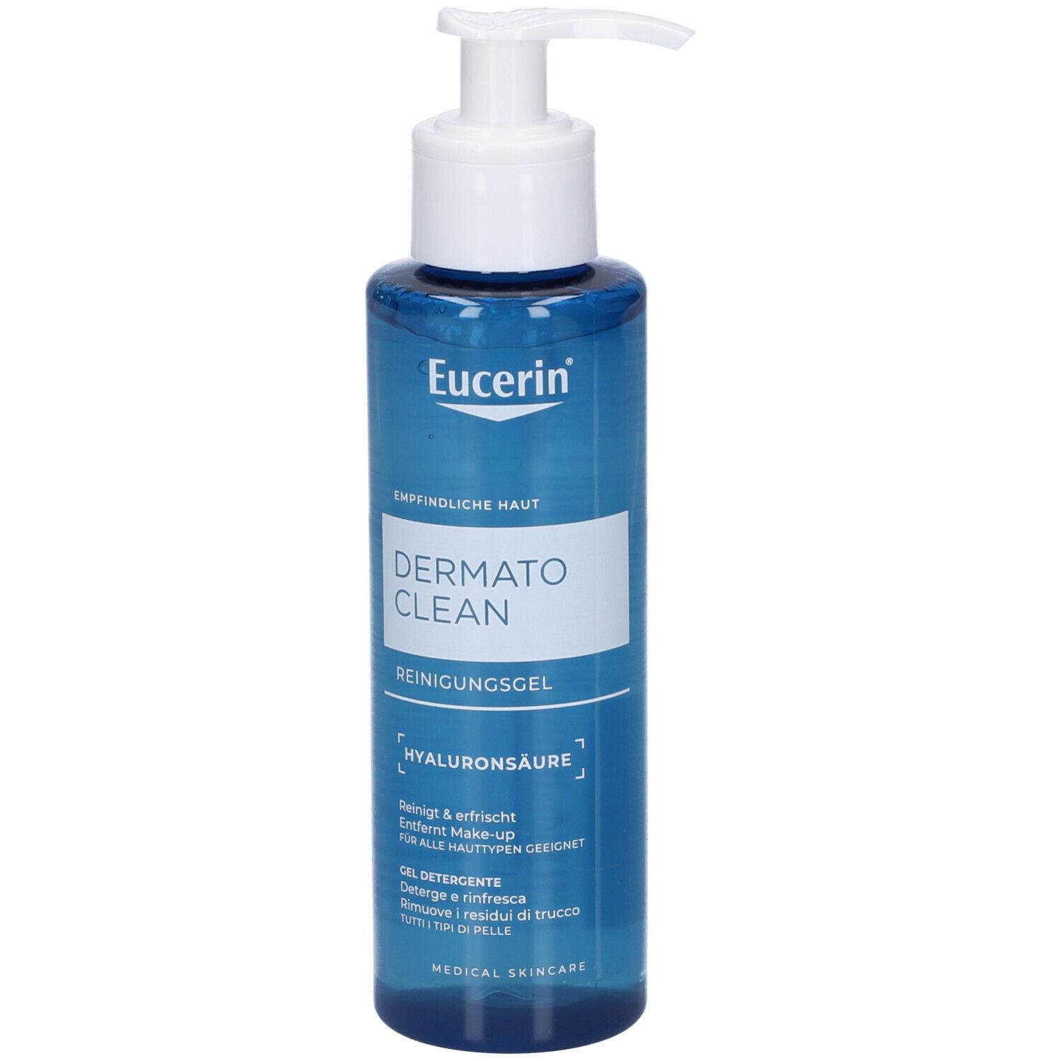 Gel detergente Eucerin DermatoClean con acido ialuronico in flacone con pompa blu.