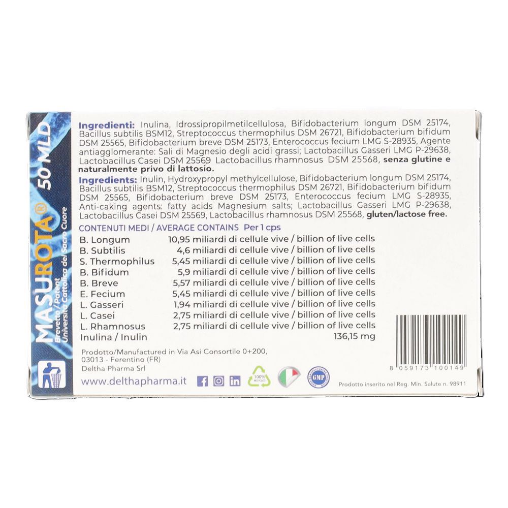 Retro della confezione Masurota 50 MLD. Contiene ingredienti, informazioni nutrizionali e dati del produttore.