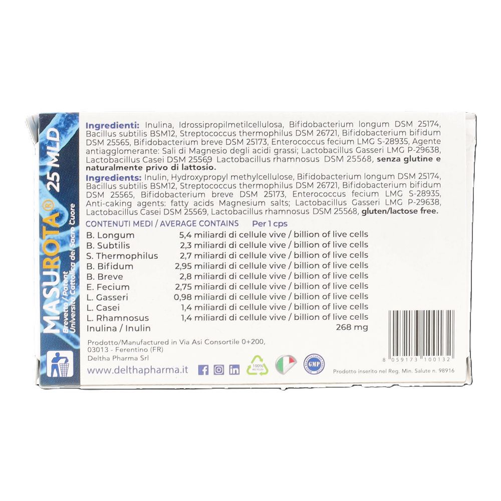 Retro della confezione Masurota 25 MLD. Contiene ingredienti, informazioni nutrizionali e produttore.