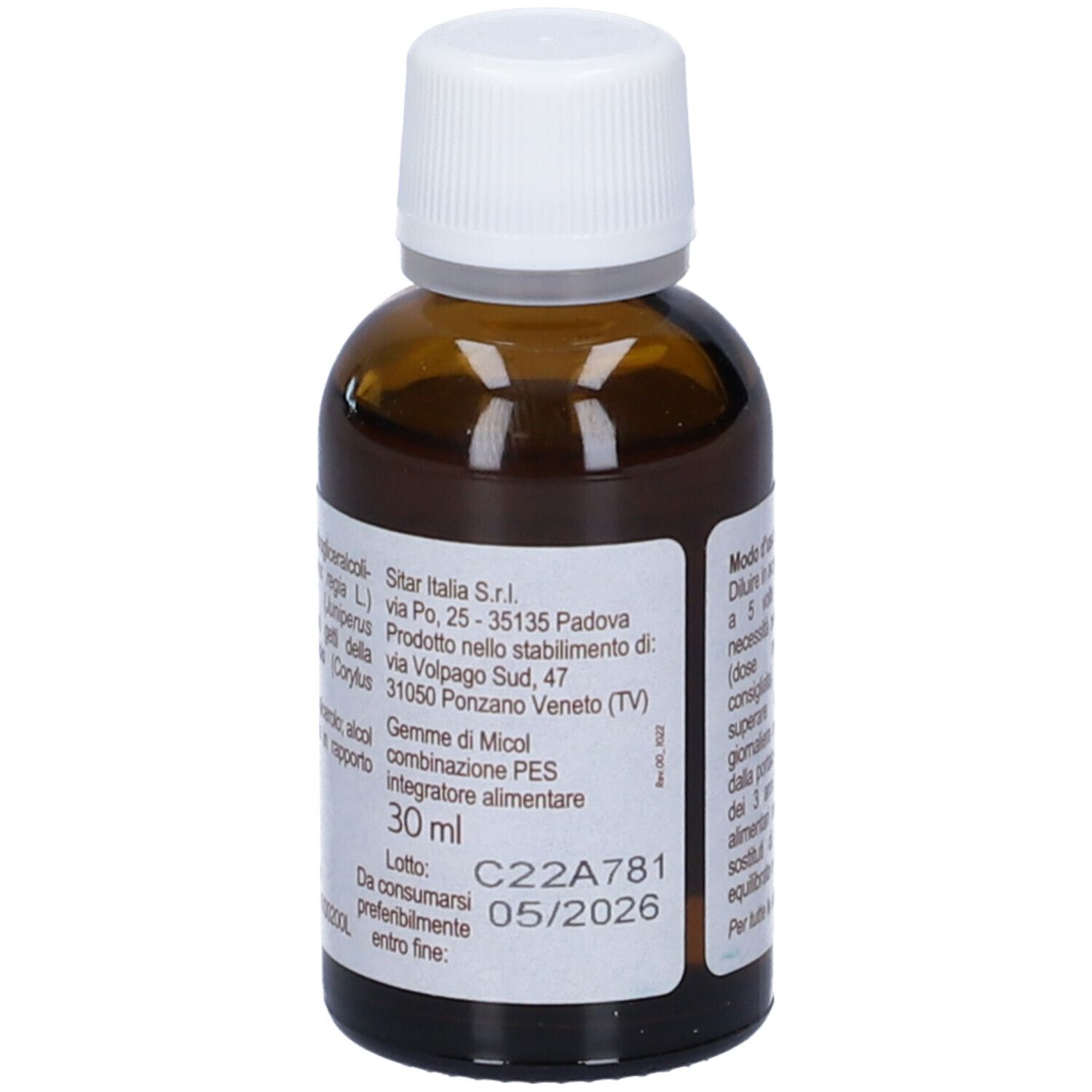 Flacone di vetro marrone con tappo bianco. Scritta: Gemme di Micol PES, 30 ml. Etichetta con indirizzo e scadenza.