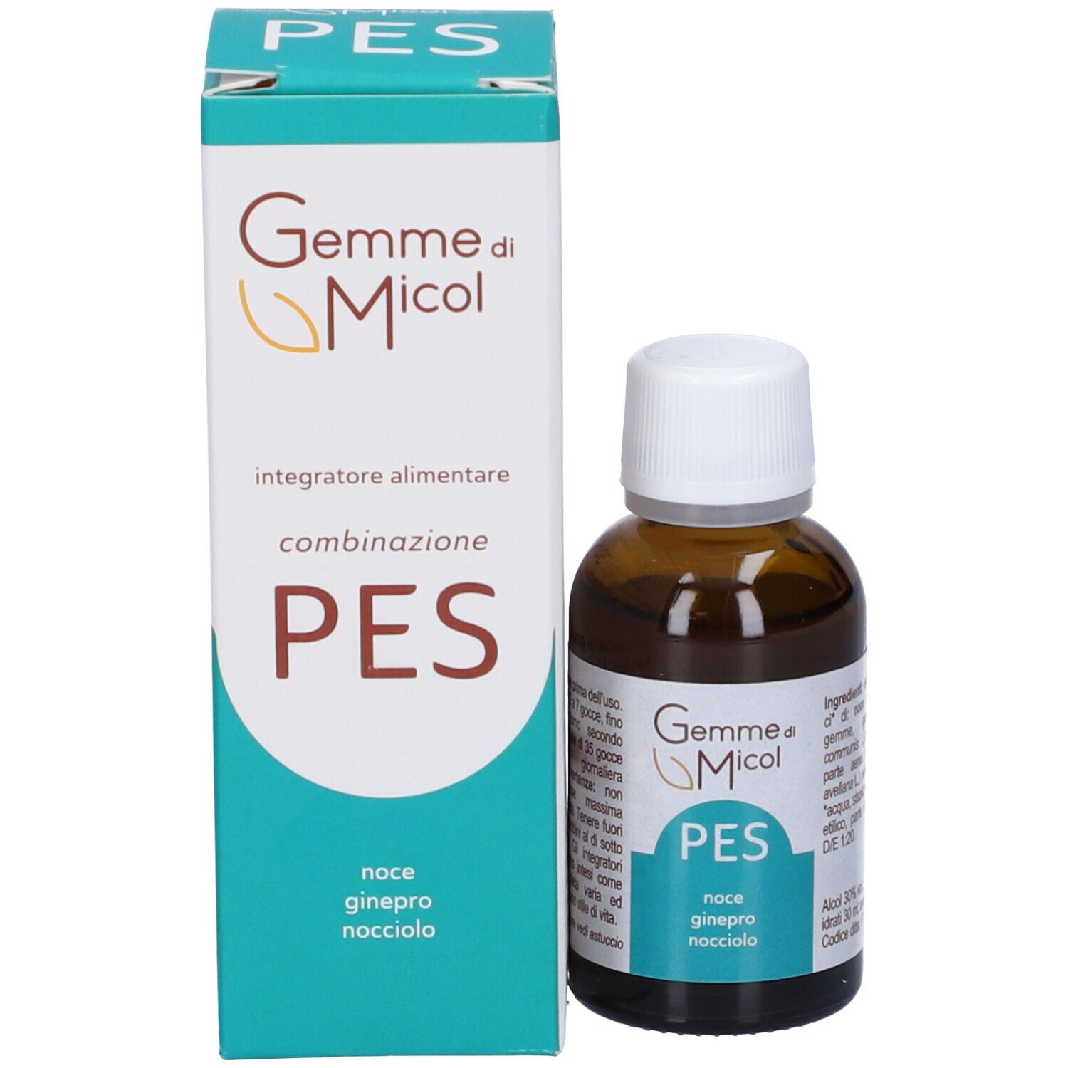 Flacone di vetro marrone e confezione. Scritta: Gemme di Micol PES. Contiene Nocciolo, Ginepro, Noce.