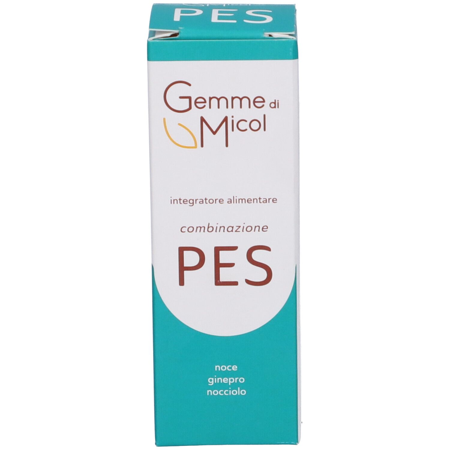 Confezione. Scritta: Gemme di Micol PES. Contiene Nocciolo, Ginepro, Noce.