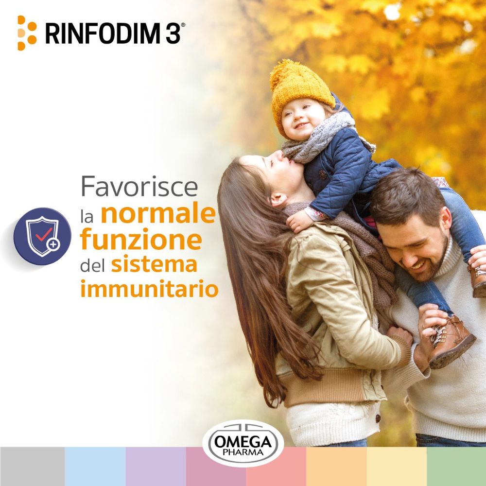 Famiglia con bambino in autunno. Testo: Favorisce la funzione immunitaria. Logo Omega Pharma.