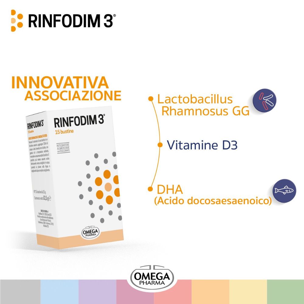 Confezione prodotto con ingredienti: Lactobacillus Rhamnosus GG, Vitamina D3, DHA. Omega Pharma.