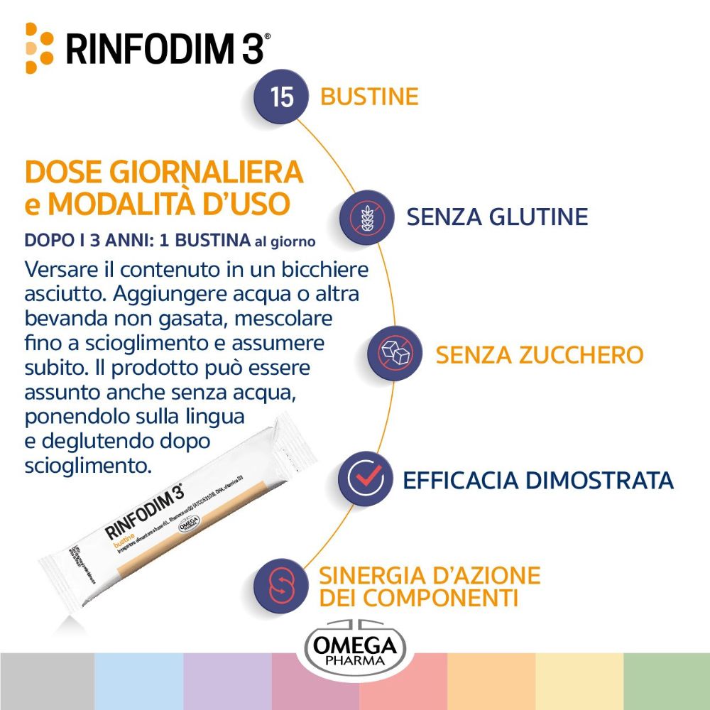 Istruzioni per l'uso e vantaggi. 15 bustine. Senza glutine, senza zucchero, efficacia dimostrata. Omega Pharma.