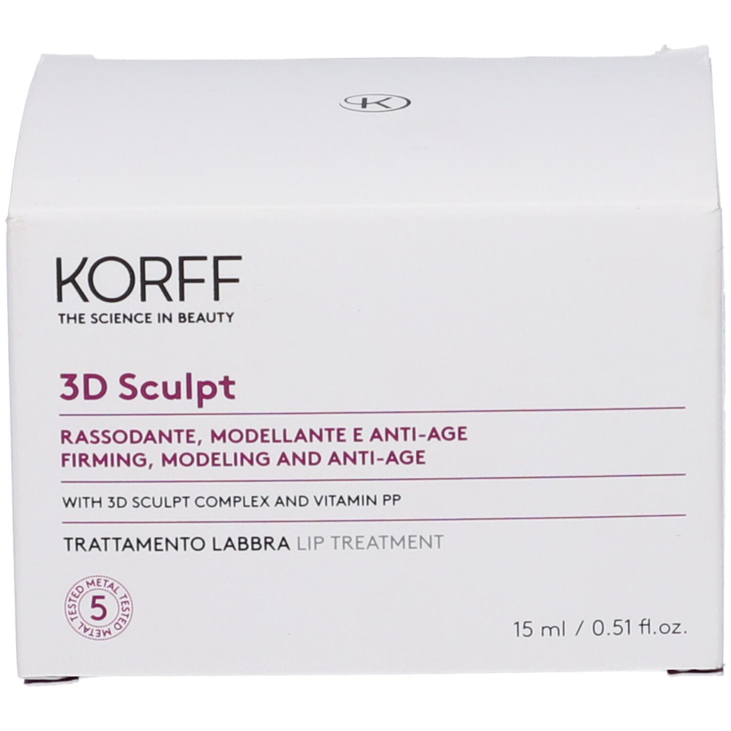 Confezione bianca. Scritta KORFF, 3D Sculpt, 15 ml. Con marchio di qualità.