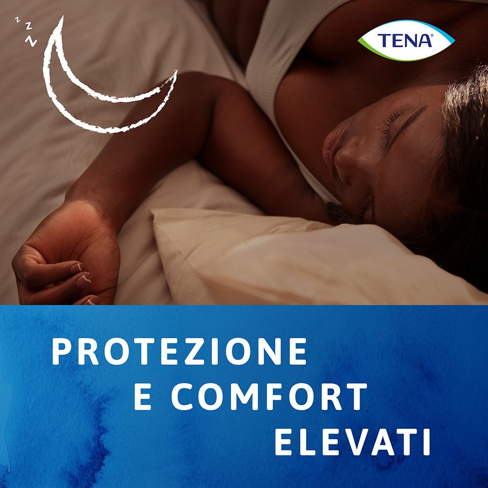 Persona a letto. Logo TENA e testo su sfondo blu.