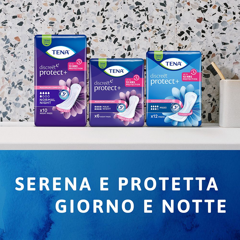 Tre confezioni di TENA Discreet Protect+. Diverse dimensioni. Testo su sfondo blu.