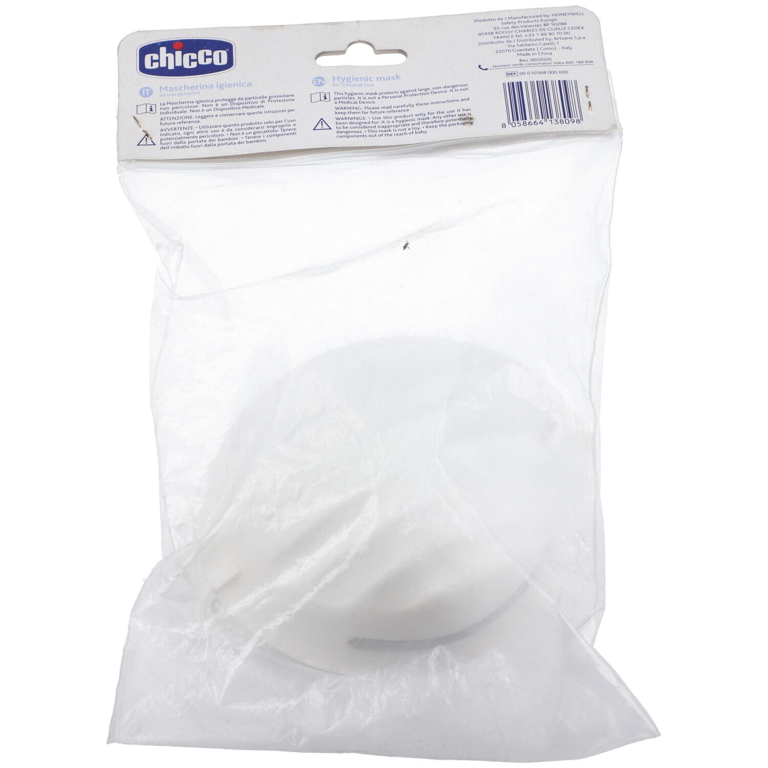 Retro della confezione di mascherine igieniche. Marchio Chicco, testo: Mascherina igienica.