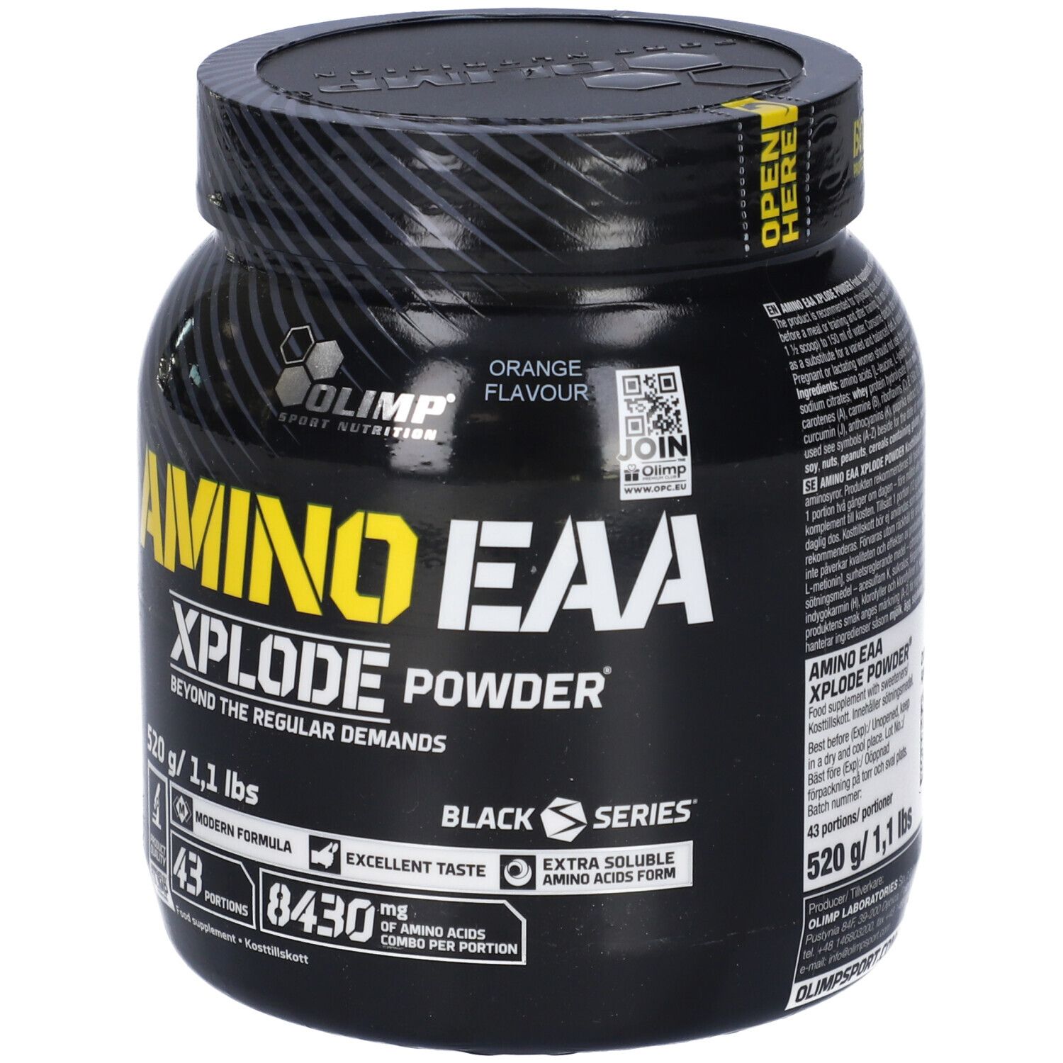 Barattolo nero con testo giallo. Visibile "Amino EAA Xplode Powder" e "520 g / 1,1 lbs". Orange Flavour.
