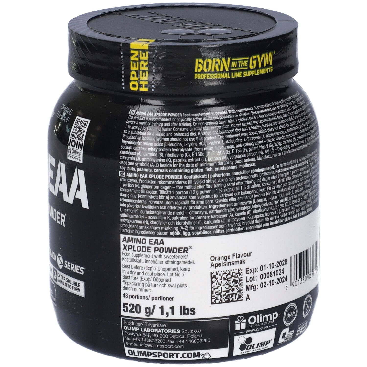 Barattolo nero, retro con testo. Informazioni nutrizionali e ingredienti visibili. "Amino EAA Xplode Powder" leggibile.