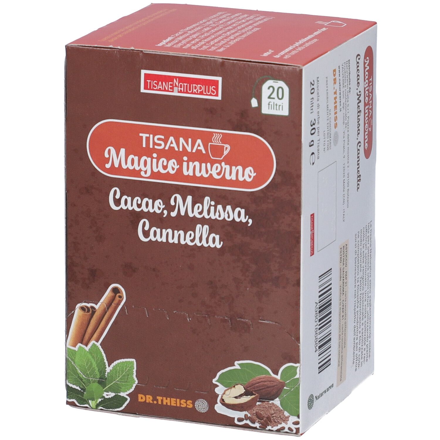 Confezione in cartone marrone. Scritta: TISANA NATURPLUS Magico inverno, Cacao, Melissa, Cannella. 20 filtri. Immagini di bastoncini di cannella, foglie e noci.