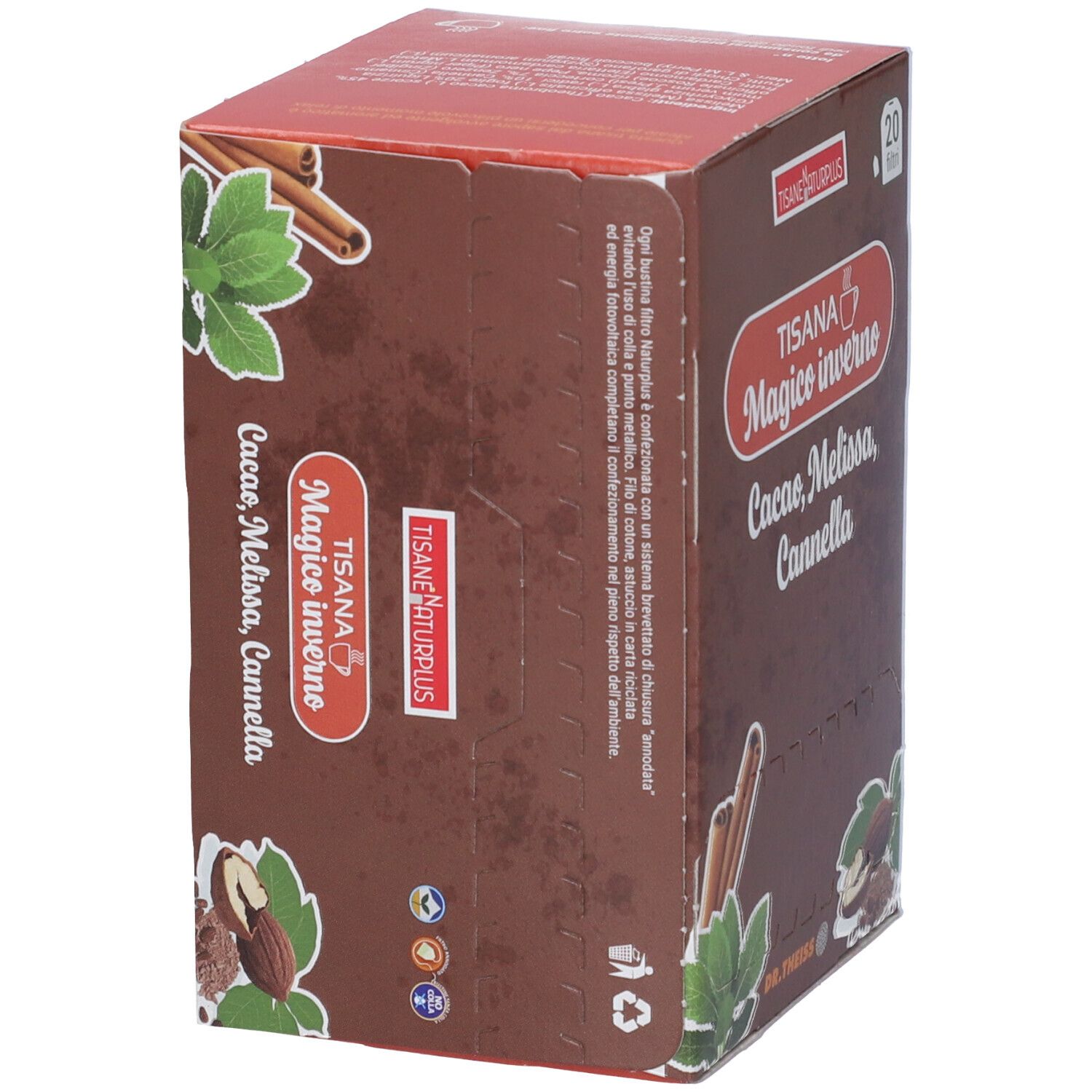 Confezione in cartone marrone. Scritta: TISANA NATURPLUS Magico inverno, Cacao, Melissa, Cannella. Logo: DR. THEISS. Immagini di bastoncini di cannella, foglie e noci.