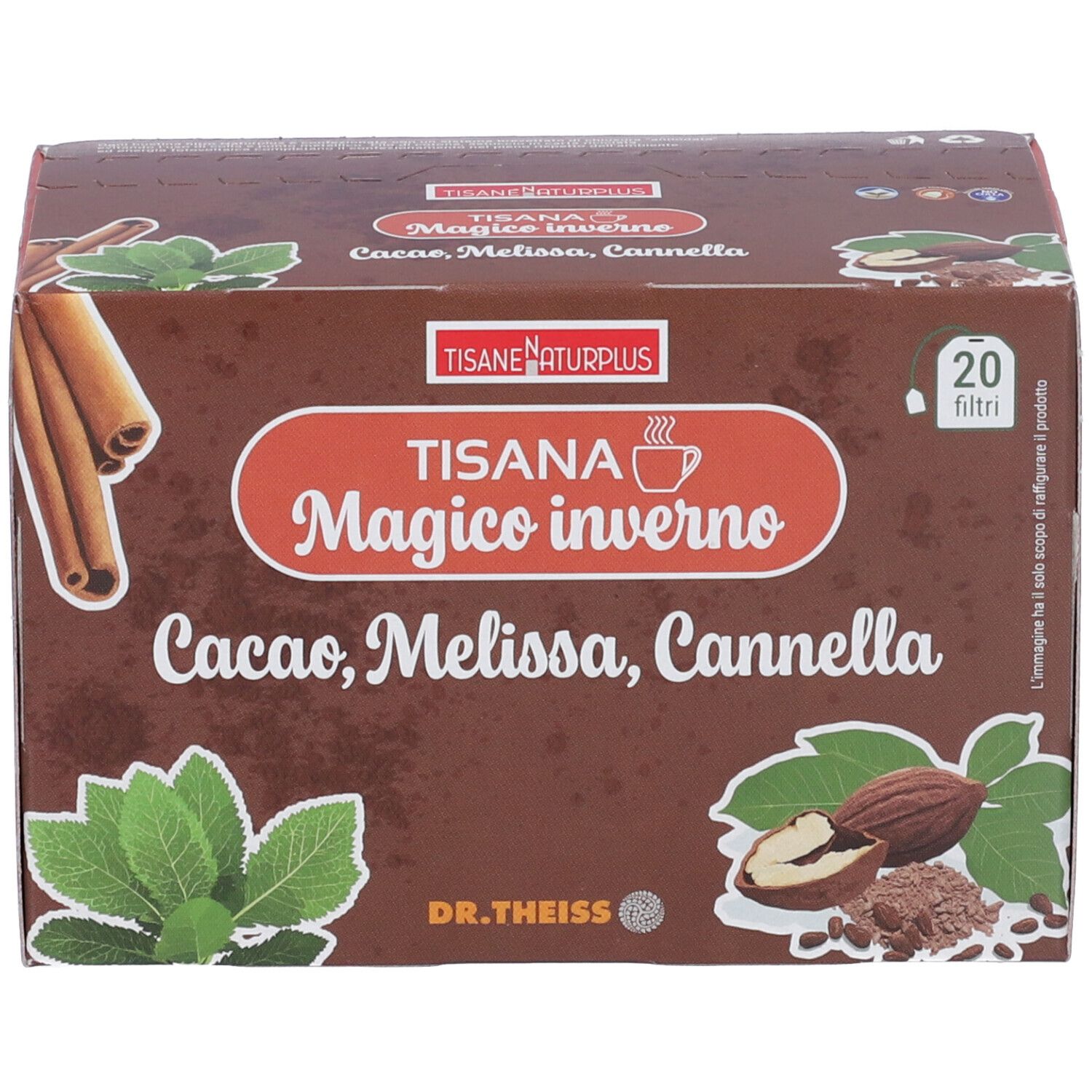 Confezione in cartone marrone. Scritta: TISANA NATURPLUS Magico inverno, Cacao, Melissa, Cannella. 20 filtri. Logo: DR. THEISS. Immagini di bastoncini di cannella, foglie e noci.