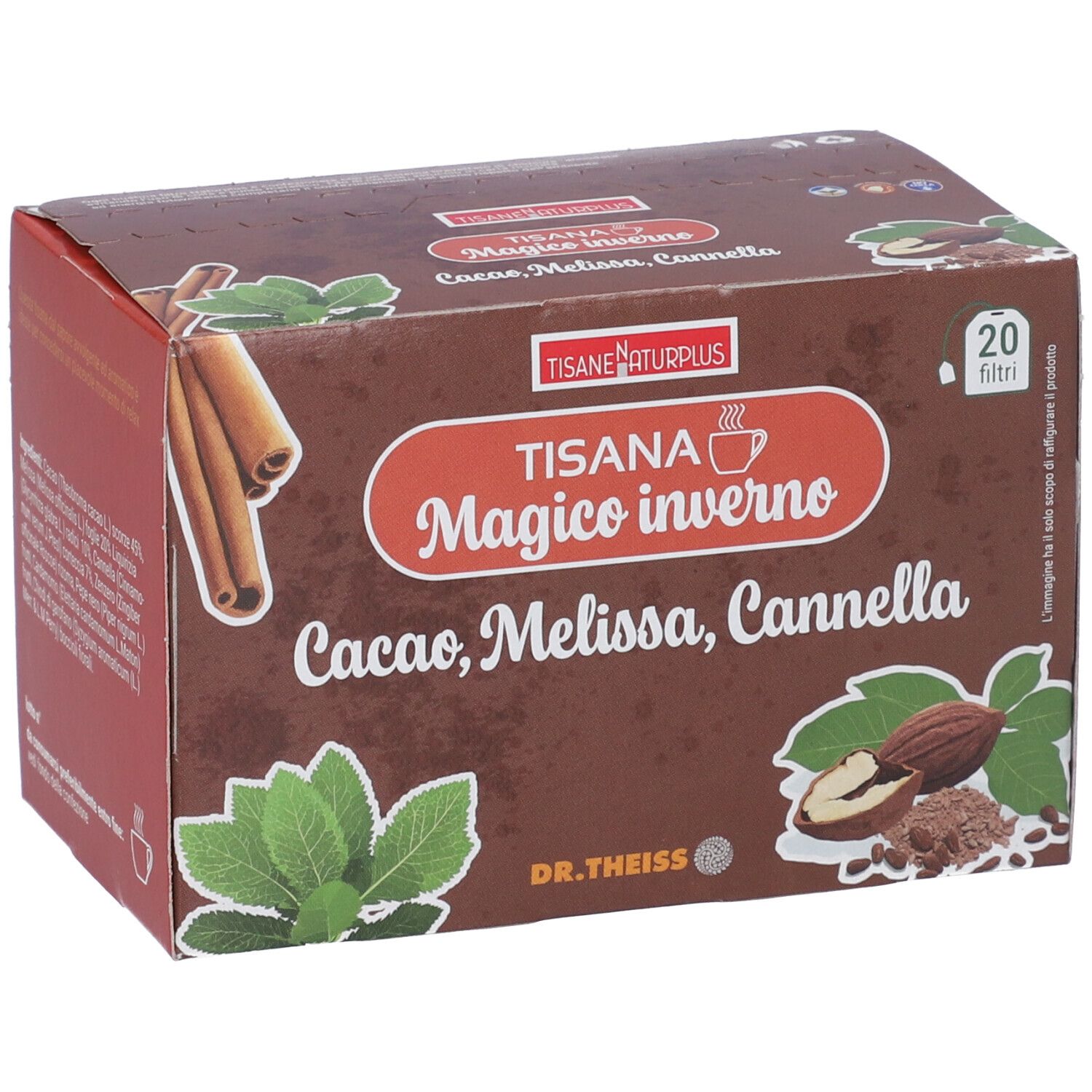 Confezione in cartone marrone. Scritta: TISANA NATURPLUS Magico inverno, Cacao, Melissa, Cannella. 20 filtri. Logo: DR. THEISS. Immagini di bastoncini di cannella, foglie e noci.