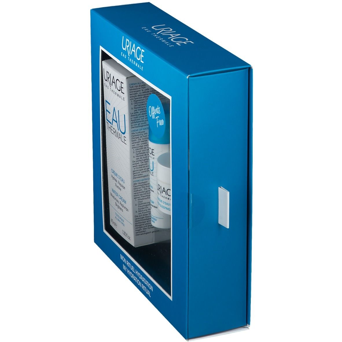 Scatola regalo blu con finestra. Prodotti Uriage parzialmente visibili. Stampe e loghi sulla confezione.