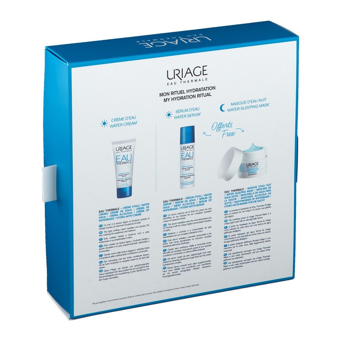 Retro della confezione regalo. Illustrazioni e descrizioni dei prodotti in più lingue. Logo Uriage.