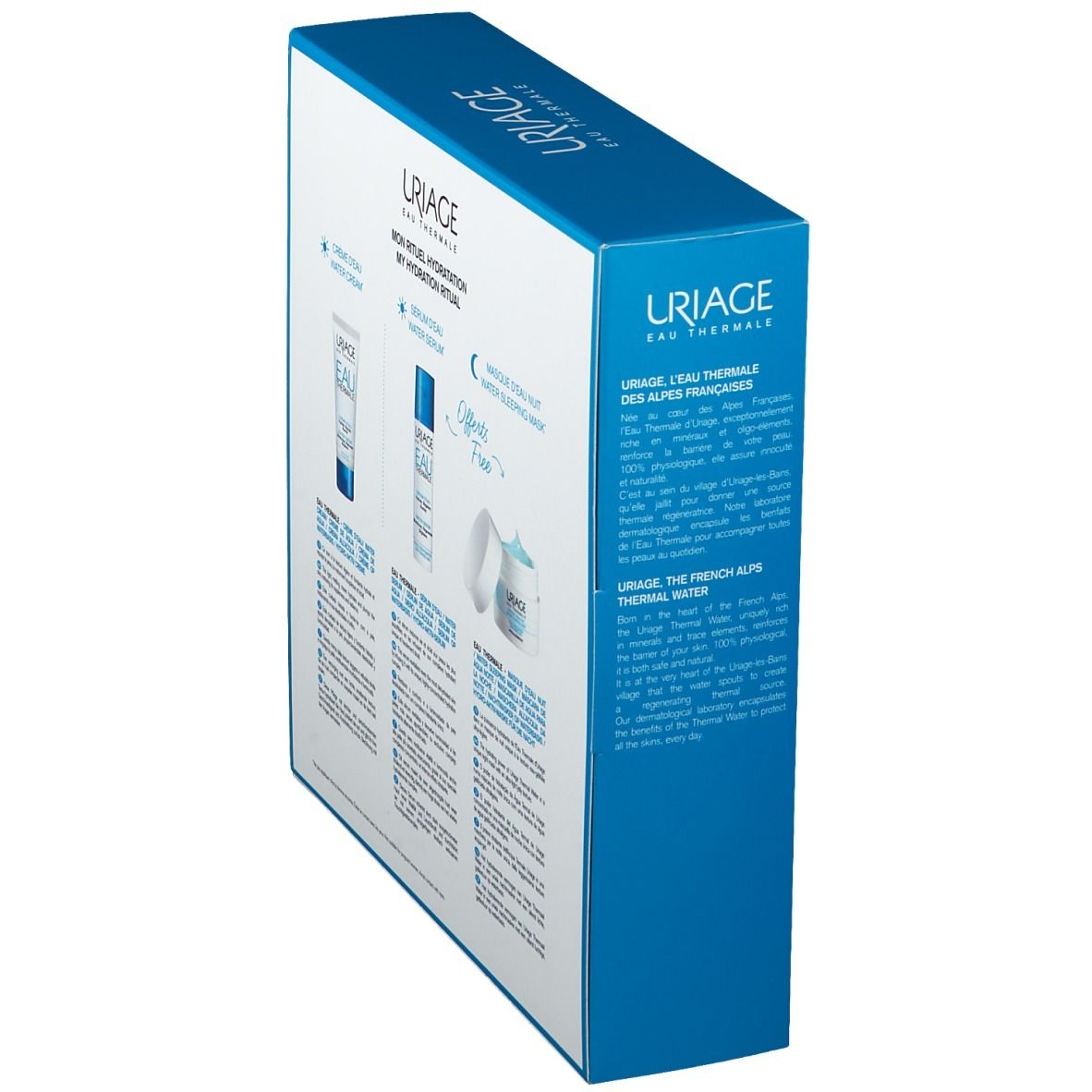 Scatola regalo blu, in diagonale. Testo e loghi sulla confezione. Logo Uriage e nomi dei prodotti.