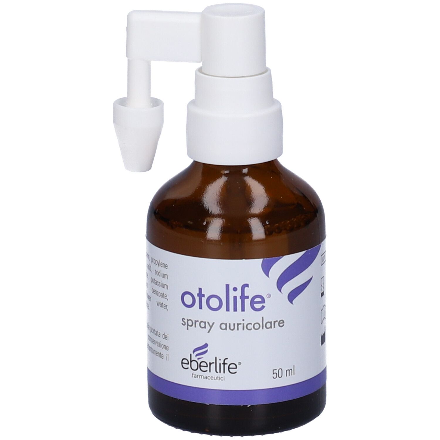 Flacone di vetro marrone con erogatore bianco. Scritta 'otolife spray auricolare'.