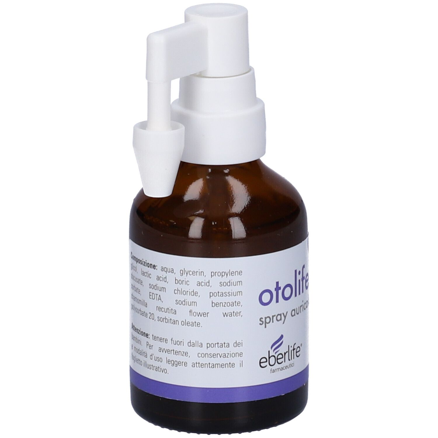 Flacone di vetro marrone con erogatore bianco. Scritta 'otolife spray auricolare'.