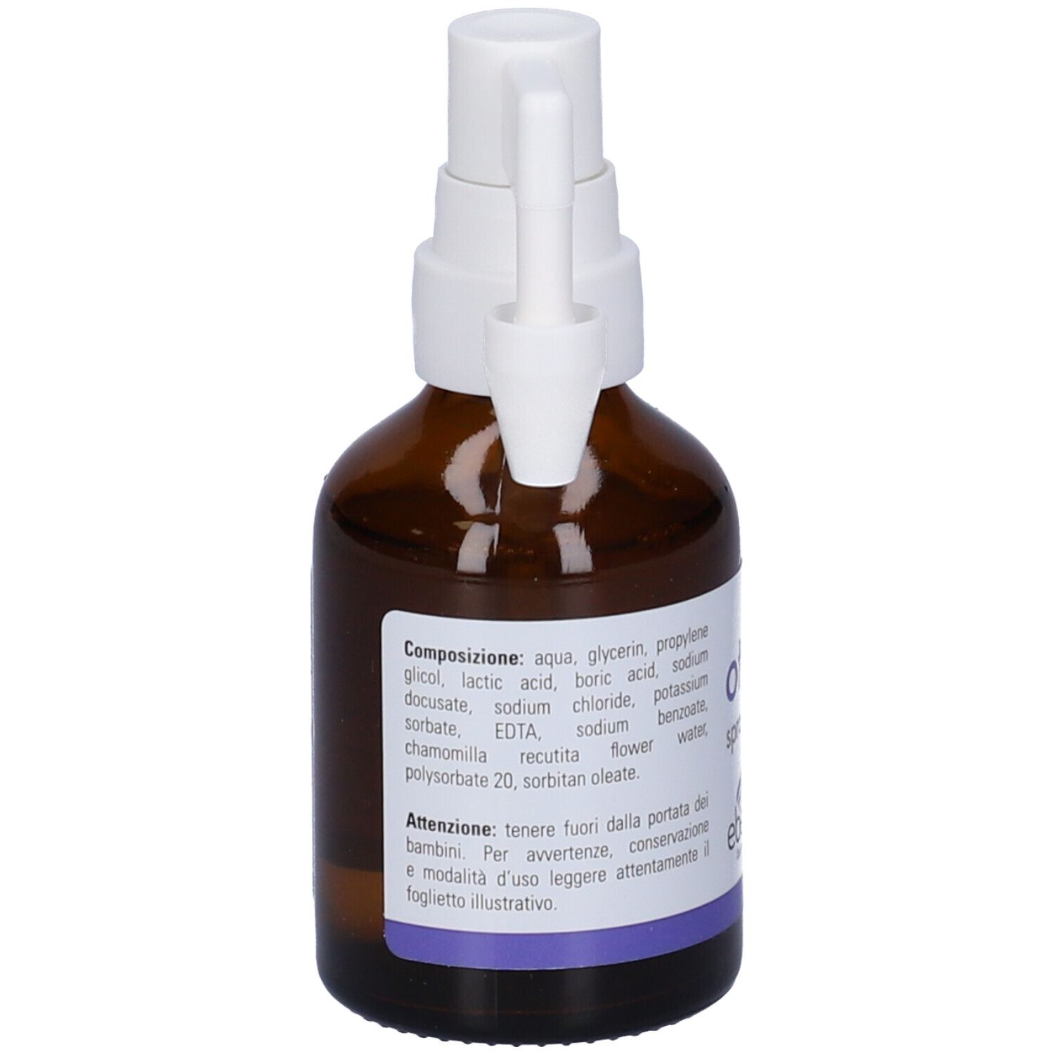 Flacone di vetro marrone con erogatore bianco. Scritta 'otolife spray auricolare'.