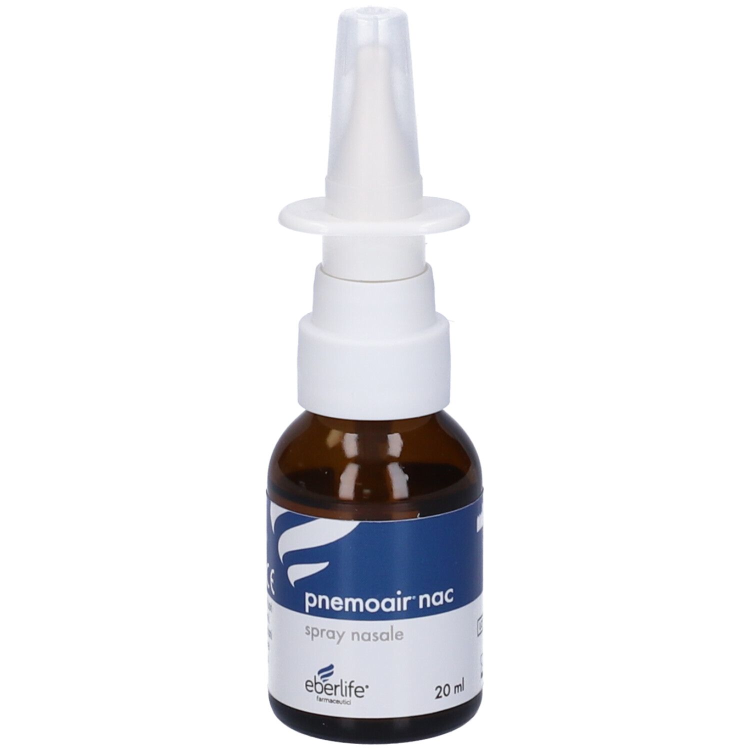 Flacone spray nasale, vetro marrone, erogatore bianco. Etichetta blu con nome prodotto e logo. 20 ml.