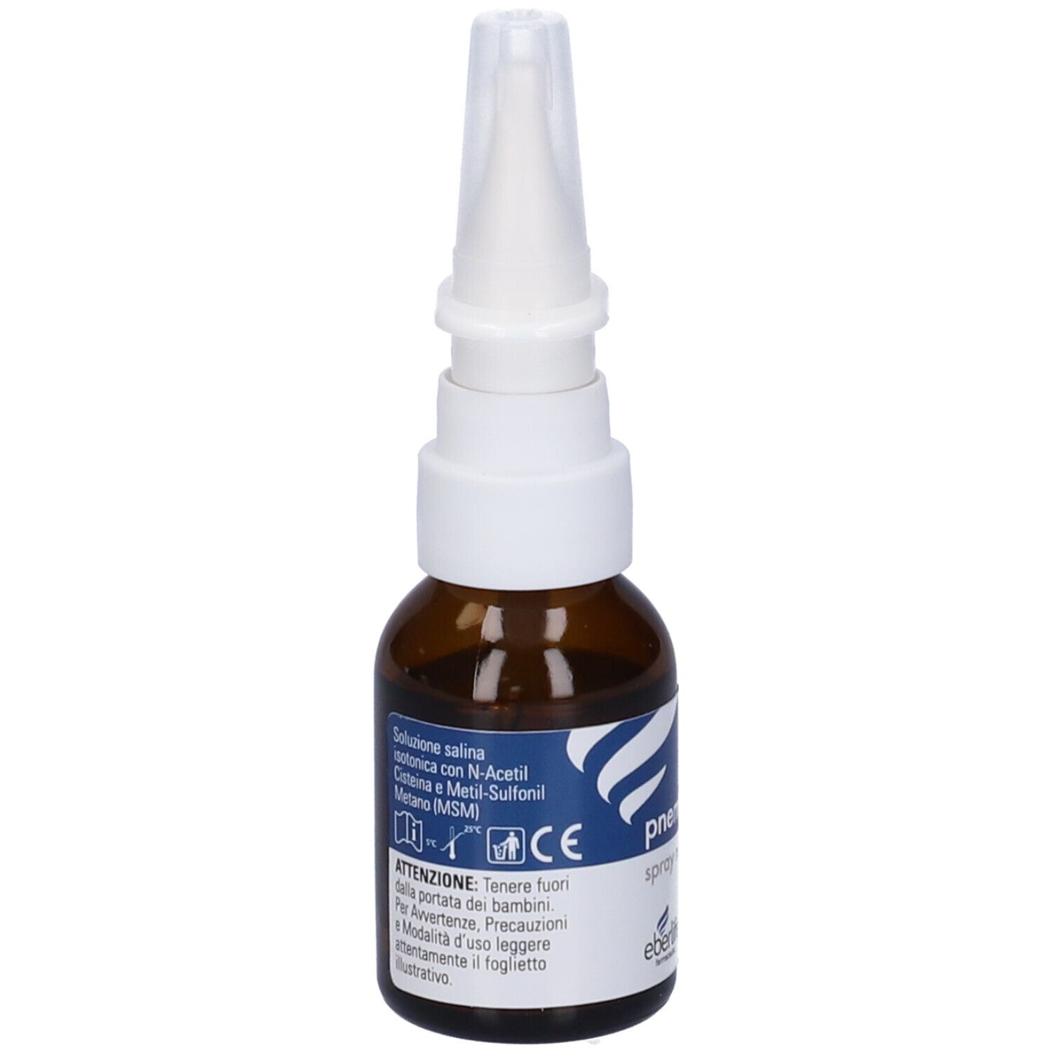 Flacone spray nasale, vetro marrone, erogatore bianco. Etichetta blu con ingredienti e avvertenze. 20 ml.