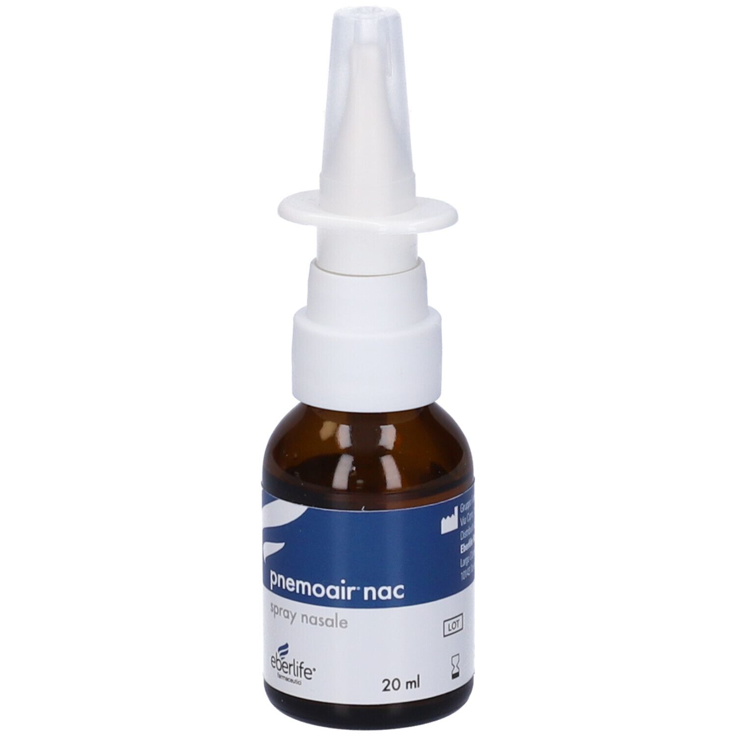Flacone spray nasale, vetro marrone, erogatore bianco. Etichetta blu con nome prodotto e logo. 20 ml.