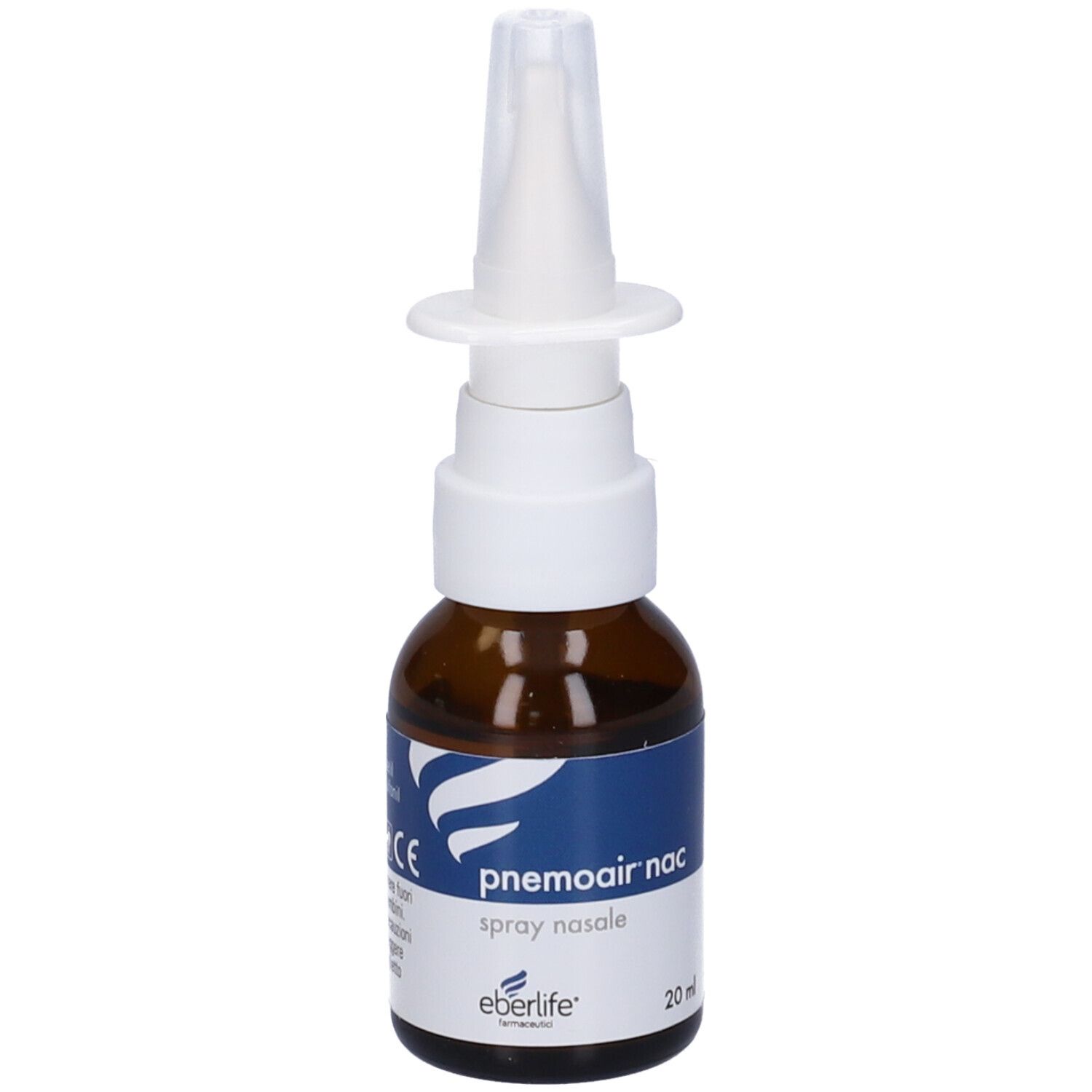 Flacone spray nasale, vetro marrone, erogatore bianco. Etichetta blu con nome prodotto e logo. 20 ml.