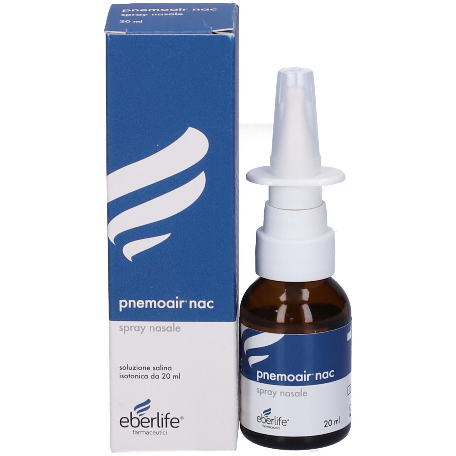 Flacone spray nasale e scatola. Flacone: vetro marrone, erogatore bianco. Scatola: blu, nome prodotto e logo.