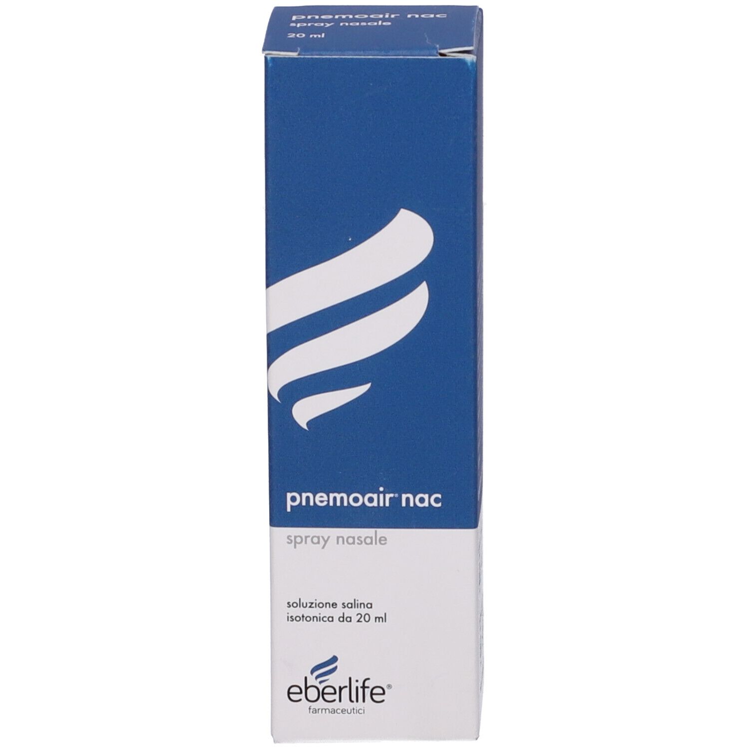 Scatola blu con nome prodotto e logo. Contiene spray nasale. Testo: Soluzione per spray nasale.