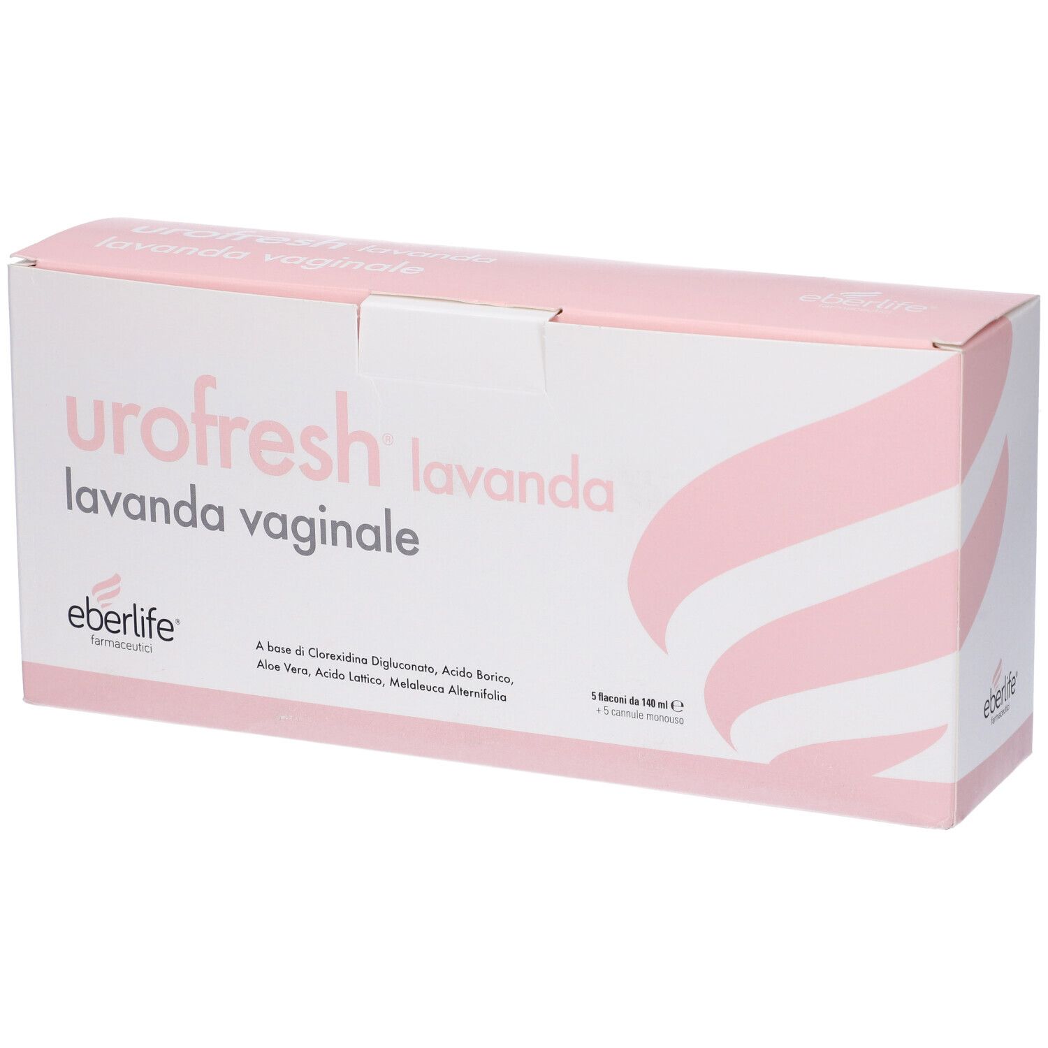Scatola rosa e bianca Urofresh Lavanda Vaginale. Marchio Eberlife. Testo e design.