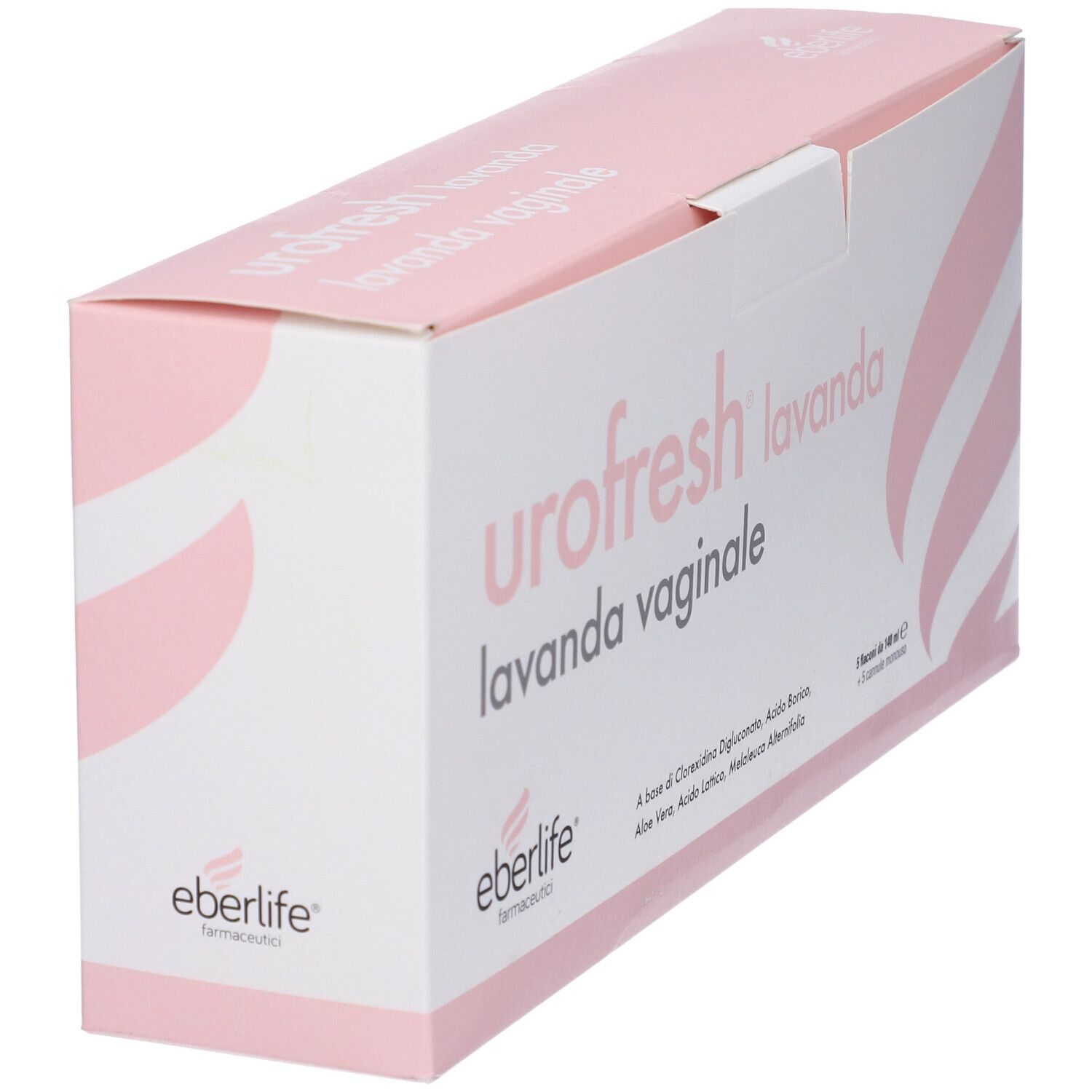 Scatola Urofresh Lavanda Vaginale, angolata. Marchio Eberlife. Colori rosa e bianco. Testo.