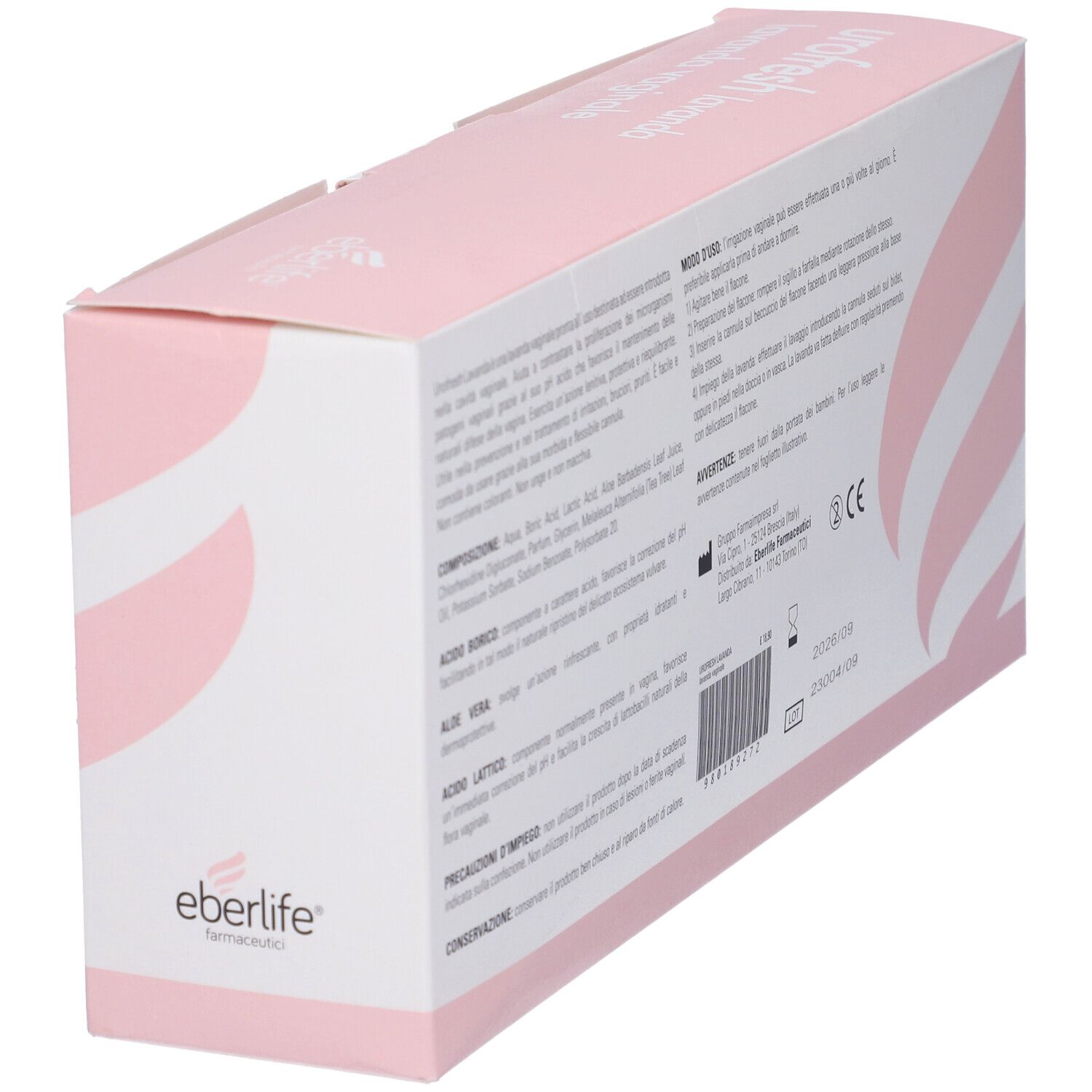 Scatola Urofresh Lavanda Vaginale, angolata. Retro con testo, ingredienti, istruzioni per l'uso.