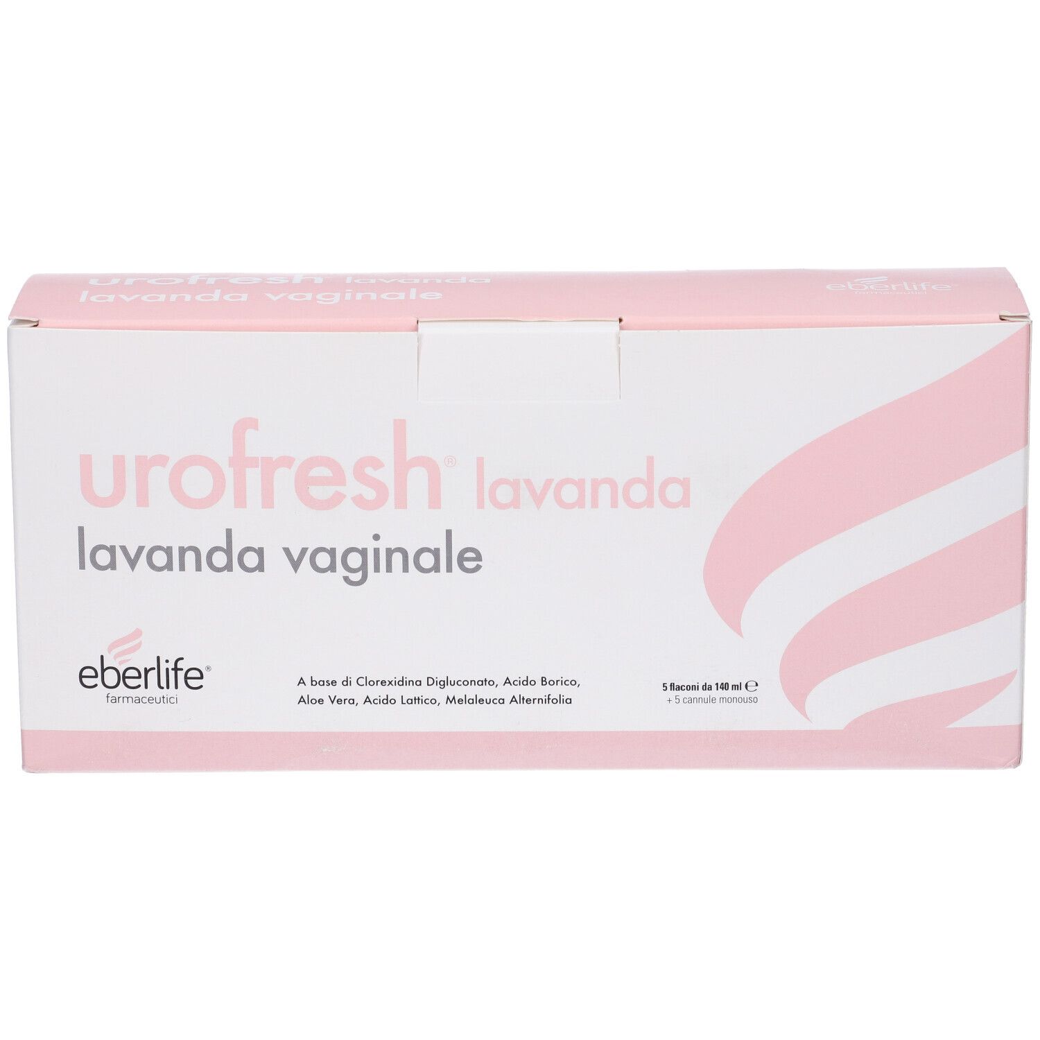 Scatola rosa e bianca Urofresh Lavanda Vaginale. Marchio Eberlife. Testo e design. 5 flaconi.
