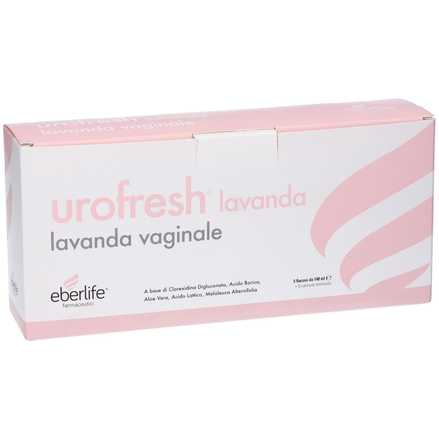 Scatola rosa e bianca Urofresh Lavanda Vaginale. Marchio Eberlife. Testo e design. 5 flaconi.