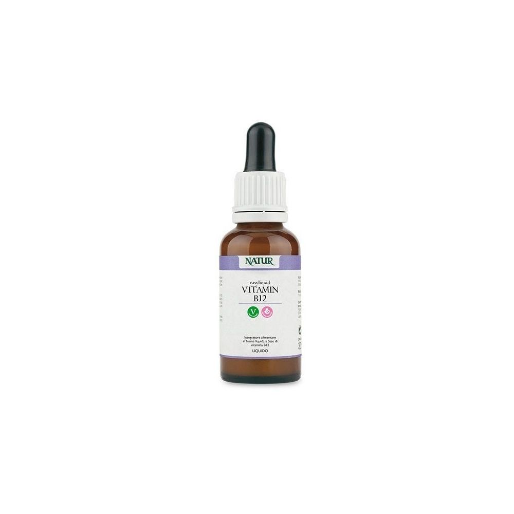 Flacone di vetro marrone con contagocce nero. Etichetta con testo: Vitamina B12, Natur. Flacone in piedi.