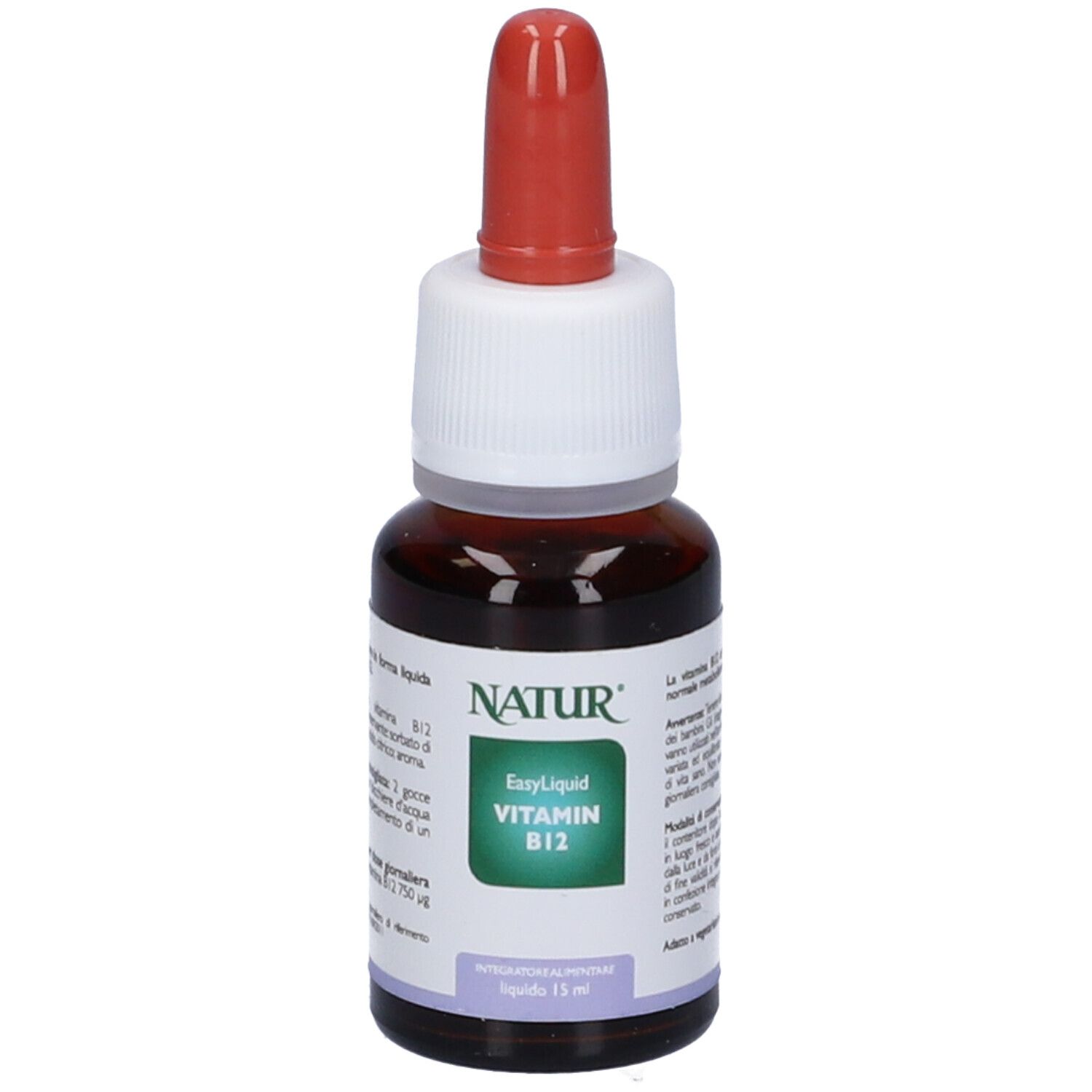 Flacone marrone con contagocce rosso. Etichetta con testo: Natur, EasyLiquid Vitamina B12, 15 ml. Primo piano.