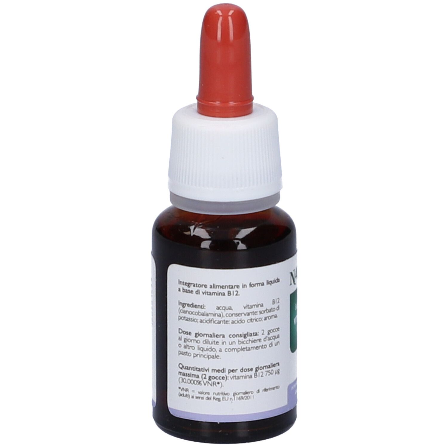 Flacone marrone con contagocce rosso. Etichetta con testo: Natur, EasyLiquid Vitamina B12. Vista posteriore.